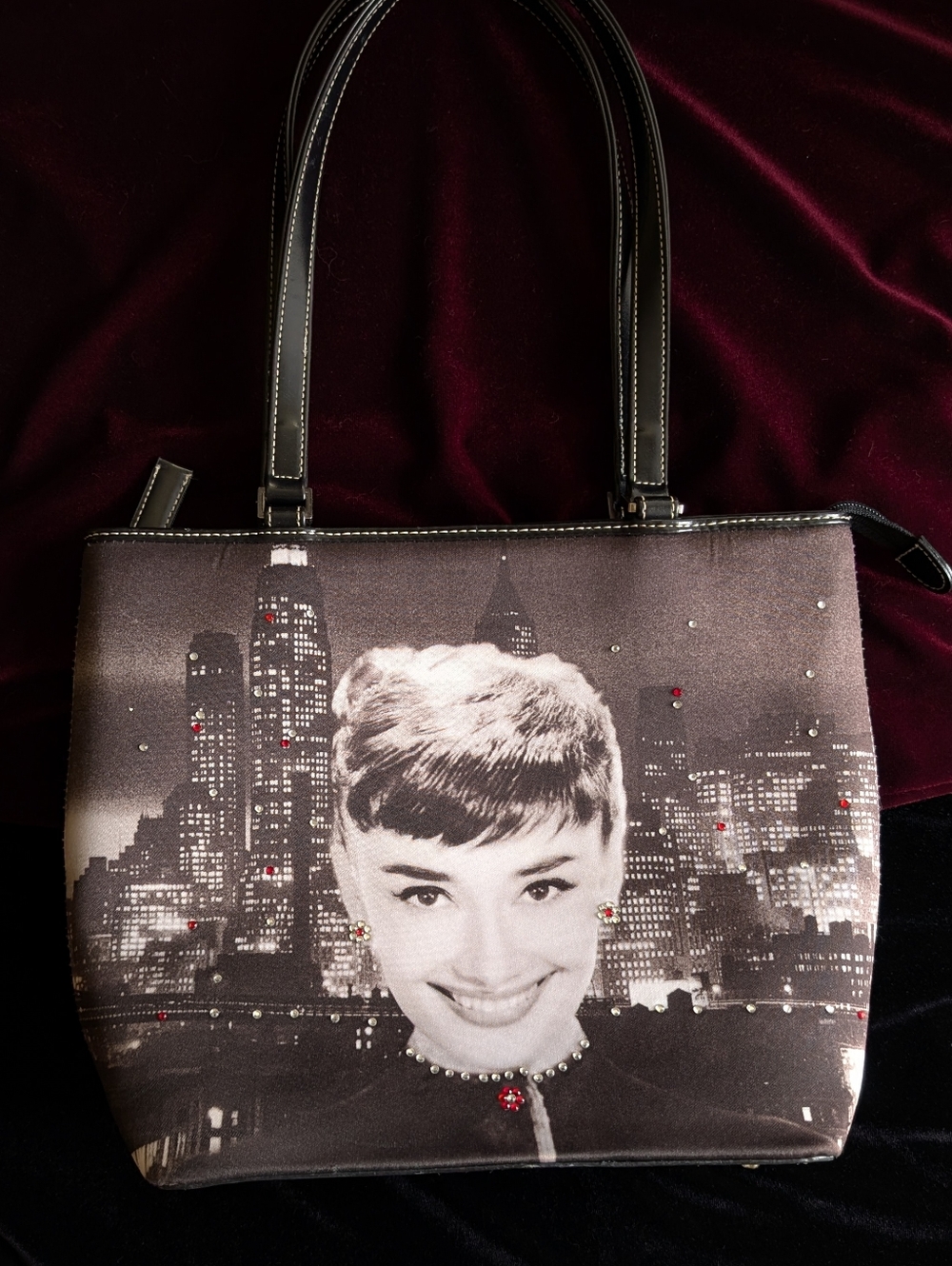 Y2K Audrey Hepburn Printed Shoulder Bag With Rhinestones